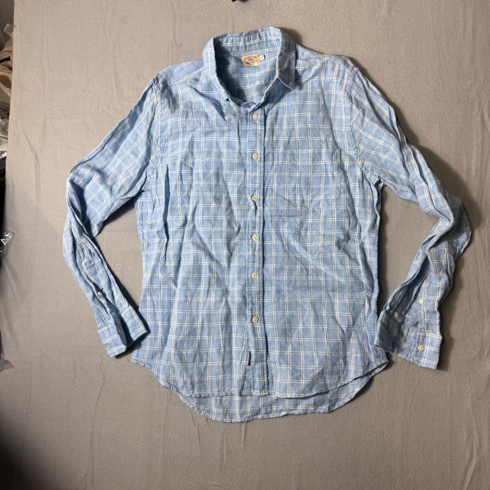 Faherty Brand Mens Plaid Button Down Shirt Light Blue White Long Sleeve Large